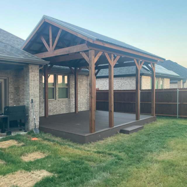 Finished covered composite deck with timber gable pavilion in Alvarado TX